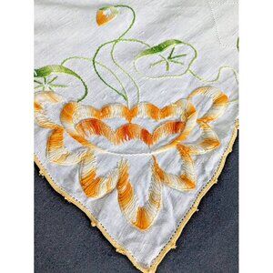 Vintage White Linen Square Tablecloth Hand Embroidered Yellow Floral 50"